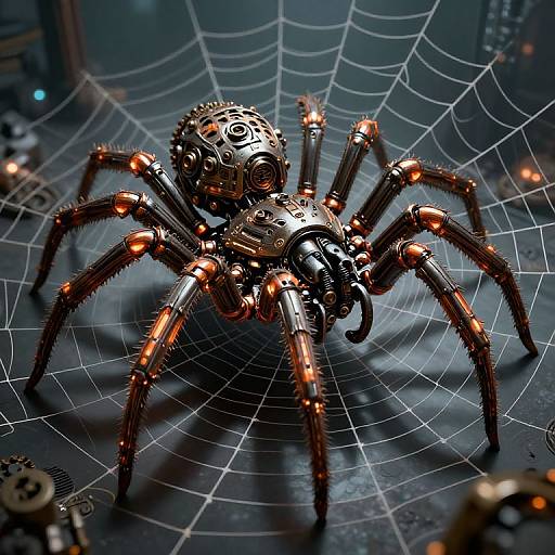 Steampunk-style metallic spider with glowing orange joints, intricate gears, and cogs, centered on a web against a dark, industrial background. Phot