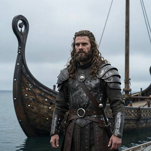 Photograph of a bearded, long-haired Viking warrior in silver armor, standing in front of a wooden Viking ship on a cloudy sea.