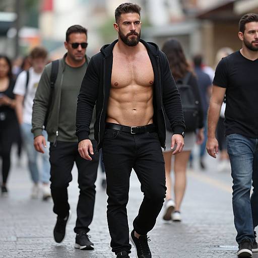Photograph of a muscular, bearded man with a bare chest walking in a busy city street, wearing black pants and jacket, surrounded by casually dressed