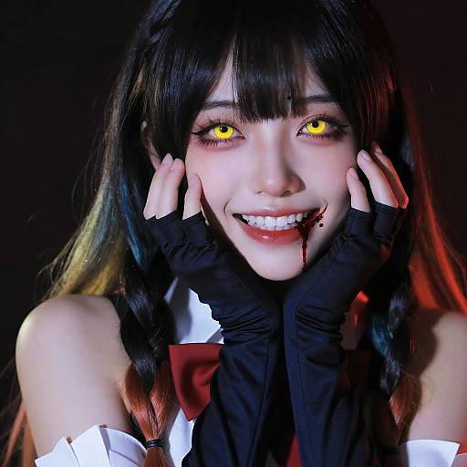 Photograph of a young woman with glowing yellow eyes, black braided hair, and blood on her smiling face, wearing a black and white outfit with