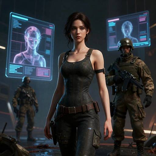 CGI image of a confident, dark-haired woman in a black, form-fitting outfit, surrounded by armed soldiers and holographic screens. Neon blue