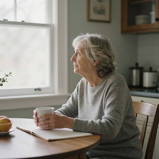 Photograph of an elderly woman with short gray hair, wearing a gray sweater, sitting at a wooden table, holding a white mug, in a sun
