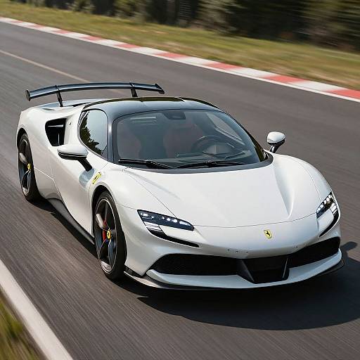 Photograph of a sleek white Lamborghini Huracán racing on a blurred asphalt track with red and white curbs in the background.