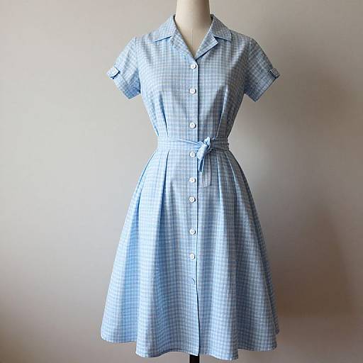 Photograph of a blue and white checkered, short-sleeved, button-up dress with a belted waist, displayed on a mannequin