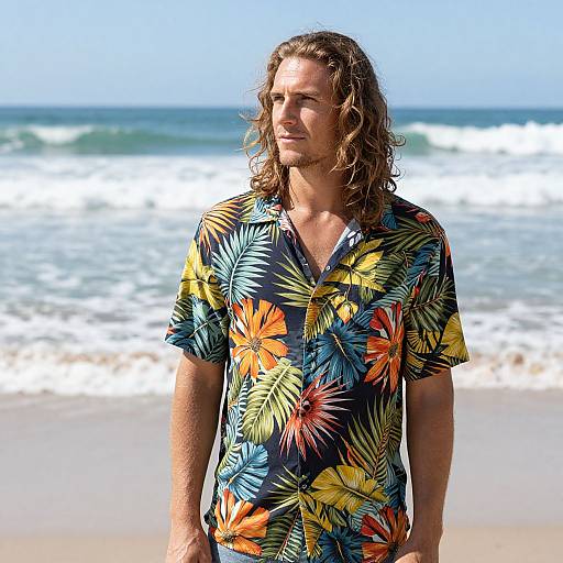 Man in Tropical Shirt on Beach