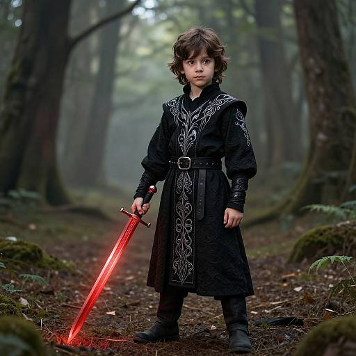 Photograph of a young boy with wavy brown hair, wearing a black ornate dress and holding a glowing red sword, standing in a foggy