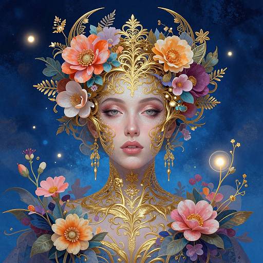 Digital art of a pale-skinned, ethereal woman with golden ornate headpiece, adorned with vibrant flowers, against a starry blue background.