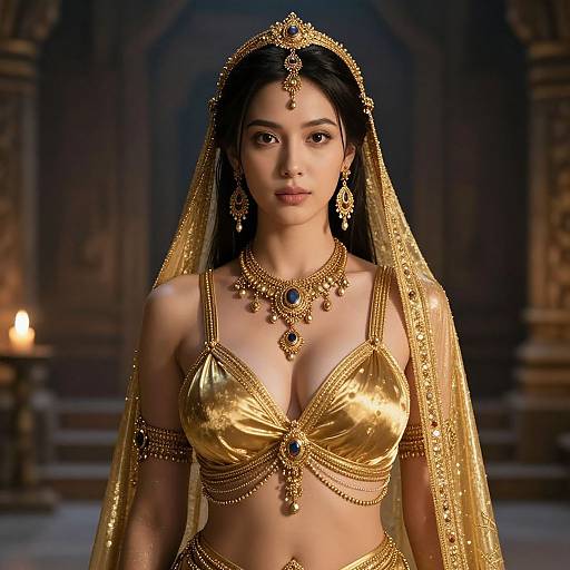 Photorealistic digital artwork of an Indian bride with dark hair, wearing a gold bra, necklace, and veil, standing in a dimly lit,