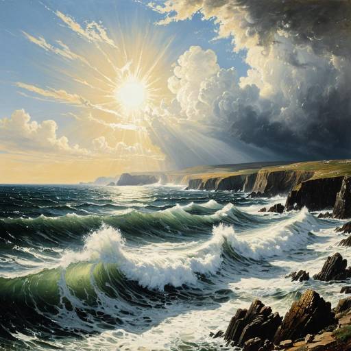 Rugged Coastline with Crashing Waves and Radiant Sun