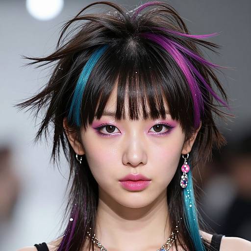 Photograph of an Asian model with spiky black hair, vibrant blue and purple streaks, pink eyeshadow, pink lips, and dangling earrings