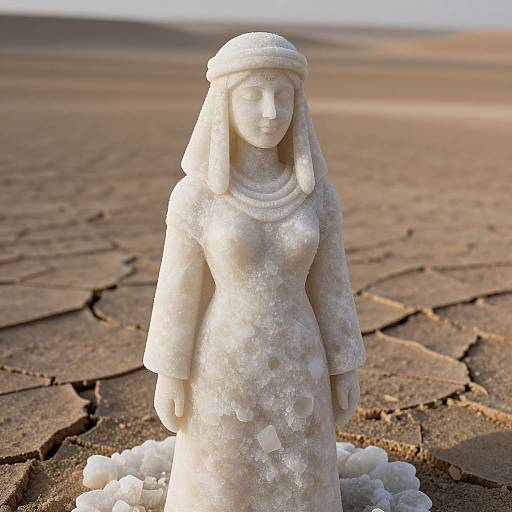 Photograph of a detailed white stone statue of a serene woman in a headscarf, standing in a cracked, arid desert landscape.