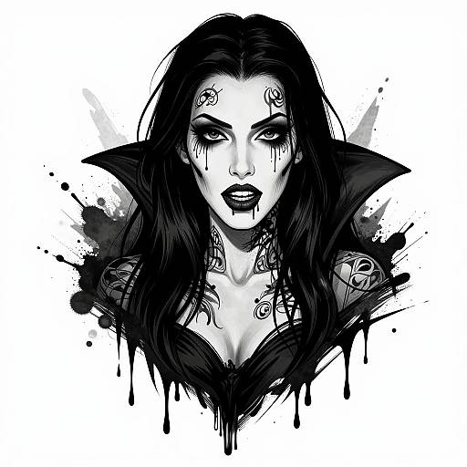 Black and white digital drawing of a gothic woman with long hair, dark lipstick, heavy eyeliner, and dripping ink accents.