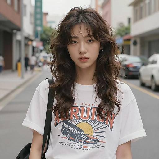 Photograph of an Asian woman with wavy dark hair, wearing a white 