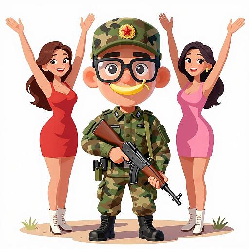 Caricature Soldier with Two Women