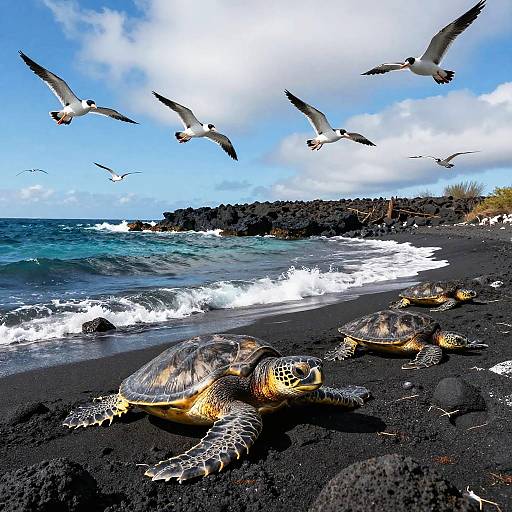 Photograph of three sea turtles on a black volcanic beach, with six seagulls flying overhead, and ocean waves crashing in the background.