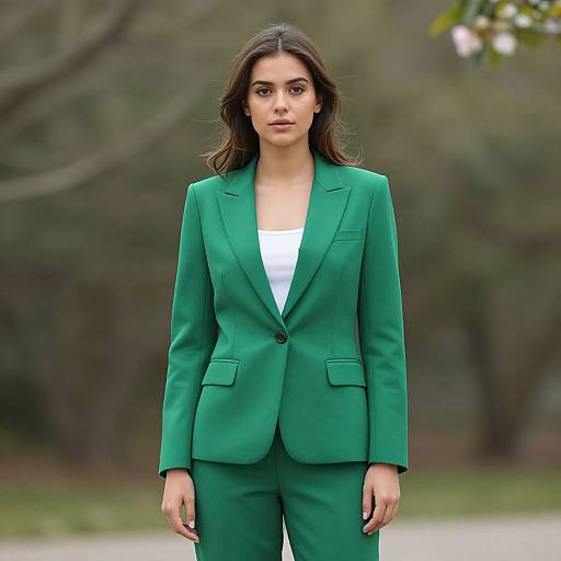 Woman in Green Pant Suit Outdoors