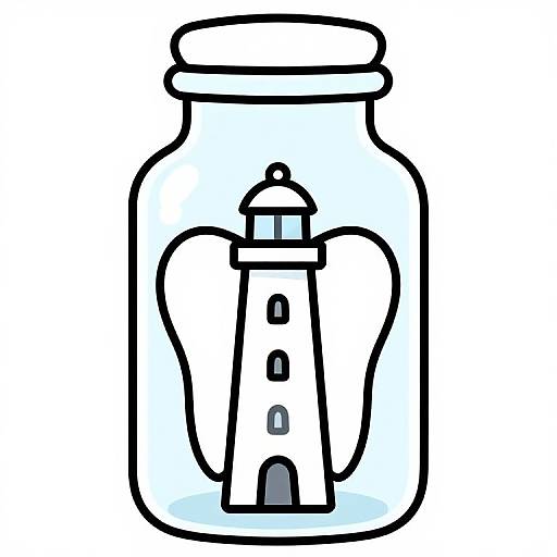 Digital drawing of a clear glass jar containing a simplified, cartoon-style lighthouse with a dome and light. Black outlines and blue shading.