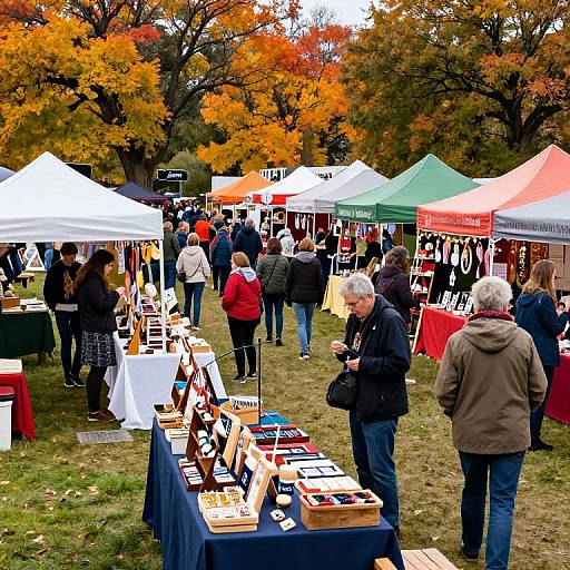 Photograph of a bustling outdoor autumn market with colorful tents, people browsing art and crafts, vibrant orange and yellow foliage, and grassy field.