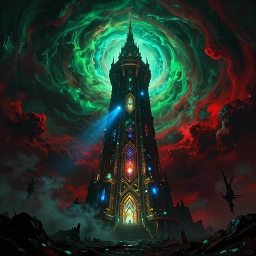 Digital fantasy artwork of a glowing, ornate tower with colorful, swirling lights against a dark, red cloudy sky and green aurora.