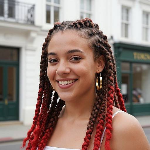 Photograph of a smiling young woman with dark brown skin, red and black braided hair, gold hoop earrings, white top, standing in front of