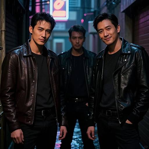 Photograph of three Asian men in black leather jackets standing in a dimly lit, neon-lit alley at night, with wet pavement and urban background