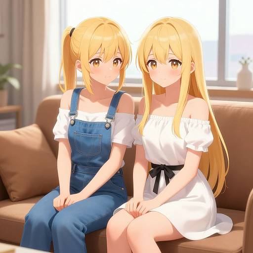 Digital anime-style artwork of two blonde, brown-eyed girls sitting on a brown couch; one in blue overalls, the other in a white off-
