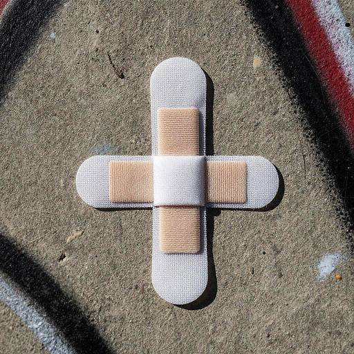Photograph of a white adhesive bandage with a central beige strip, placed on a rough, textured concrete surface. Sunlight creates shadows.