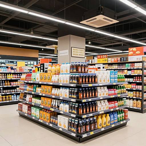 Photograph of a brightly lit supermarket aisle with four shelves stocked with colorful bottled beverages and various packaged goods. Sign reads 