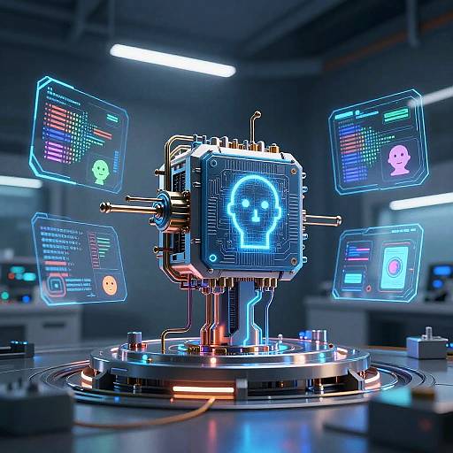Neon-lit futuristic machine with holographic screens displaying skull and emoji icons, set in a sleek, dimly-lit lab. (Digital CGI
