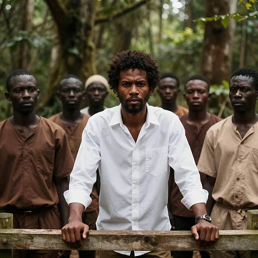 Group of African Men in Forest with Central Man Leaning on Fence