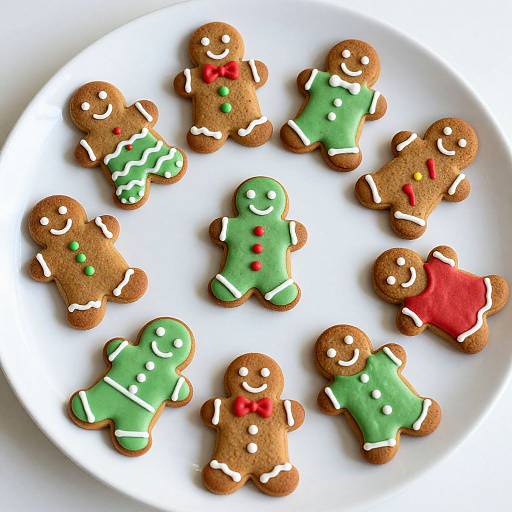 Photograph of seven decorated gingerbread cookies with green, red, and white icing, arranged on a white plate, including a red candy cane cookie.