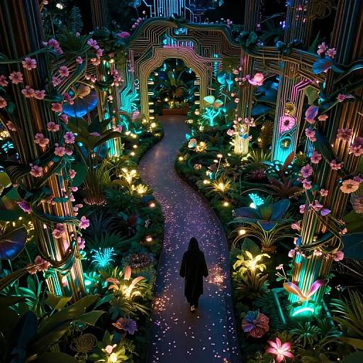 Photograph of a neon-lit, fairy-tale garden with a dark-robed figure walking down a glowing path flanked by colorful, illuminated flowers
