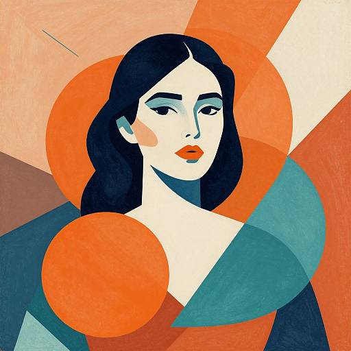 Digital art of a stylized woman with black hair, white skin, red lips, and bold orange circles in a geometric background.
