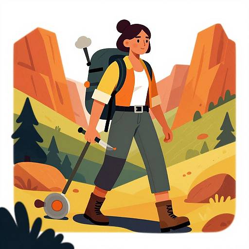 Digital illustration of a woman with brown hair in a bun, wearing a white shirt, orange vest, gray pants, and brown boots, carrying a backpack