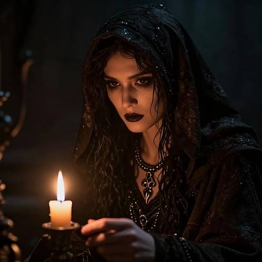 Dark, gothic photograph of a wet-haired woman with black makeup and dark jewelry, gazing at a glowing candle in shadowy darkness.
