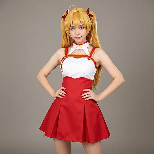 CGI image of a blonde anime girl with red hair ribbons, wearing a white and red sleeveless dress, standing against a gray background with hands