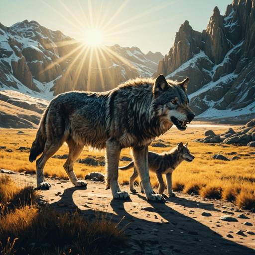 Dire Wolf and Pup in Prehistoric Landscape