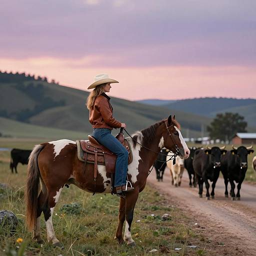 Woman Riding Horse Near Cattle at Sunset