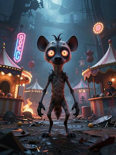 CGI cartoon of a scary, glowing-eyed, furry anthropomorphic hyena standing in a neon-lit, nightmarish carnival with glowing signs and