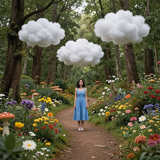 Photograph of a woman in a blue dress standing on a forest path, surrounded by vibrant flowers, mushrooms, and floating white clouds.