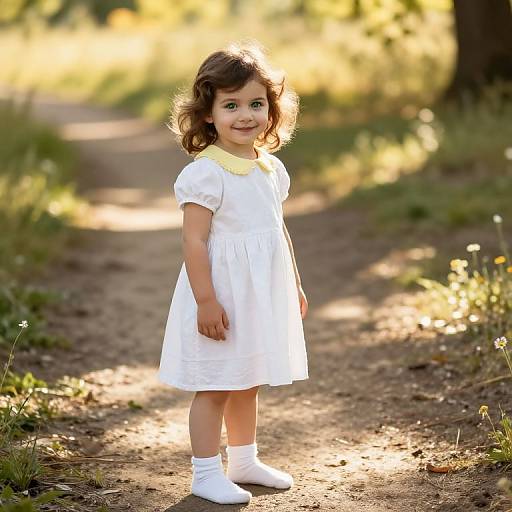Photograph of a smiling young girl with curly brown hair, wearing a white dress and socks, standing on a sunlit dirt path in a green,