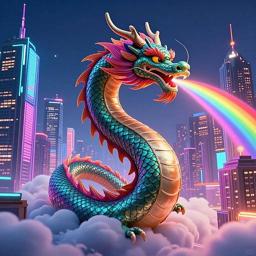 Digital artwork of a vibrant blue and red dragon with horns, breathing a rainbow-colored breath, standing on clouds in a neon-lit cityscape with skys