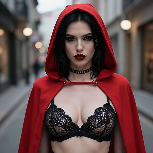 Photograph of a pale-skinned woman with black hair, red hooded cape, black lace bra, and red lipstick, standing in a blurred urban