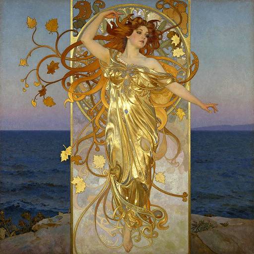 Gold Filigree Gown on Windswept Cliff