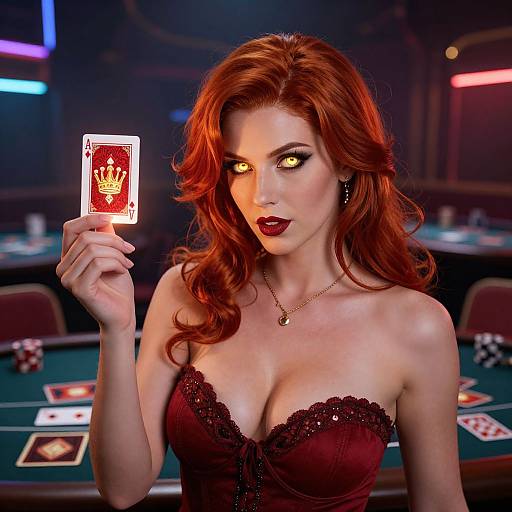 Fiery Red-Haired Woman in Neon Casino