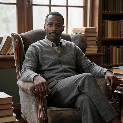 Photograph of a serious, dark-skinned man in a gray cardigan and pants, seated in a vintage armchair, surrounded by stacked books in