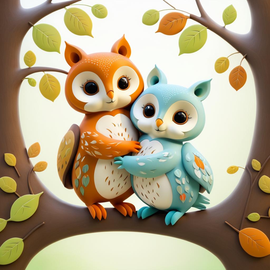 Whimsical Owl and Squirrel Embrace