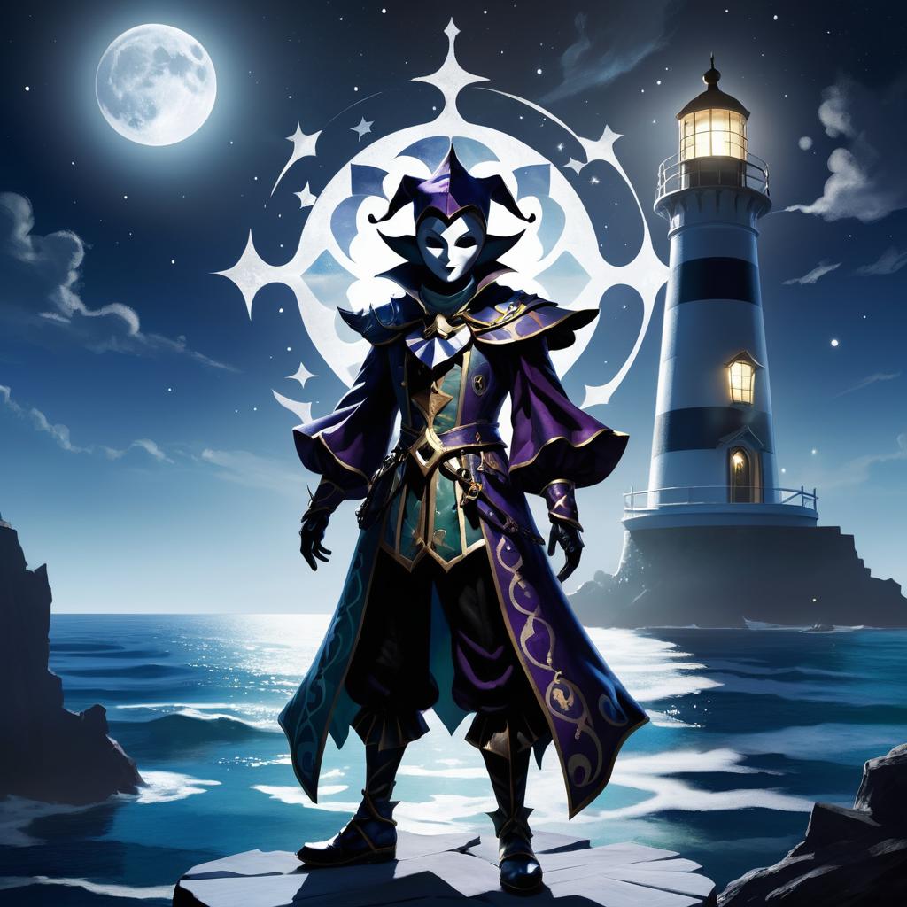 Mysterious Jester in Moonlit Lighthouse