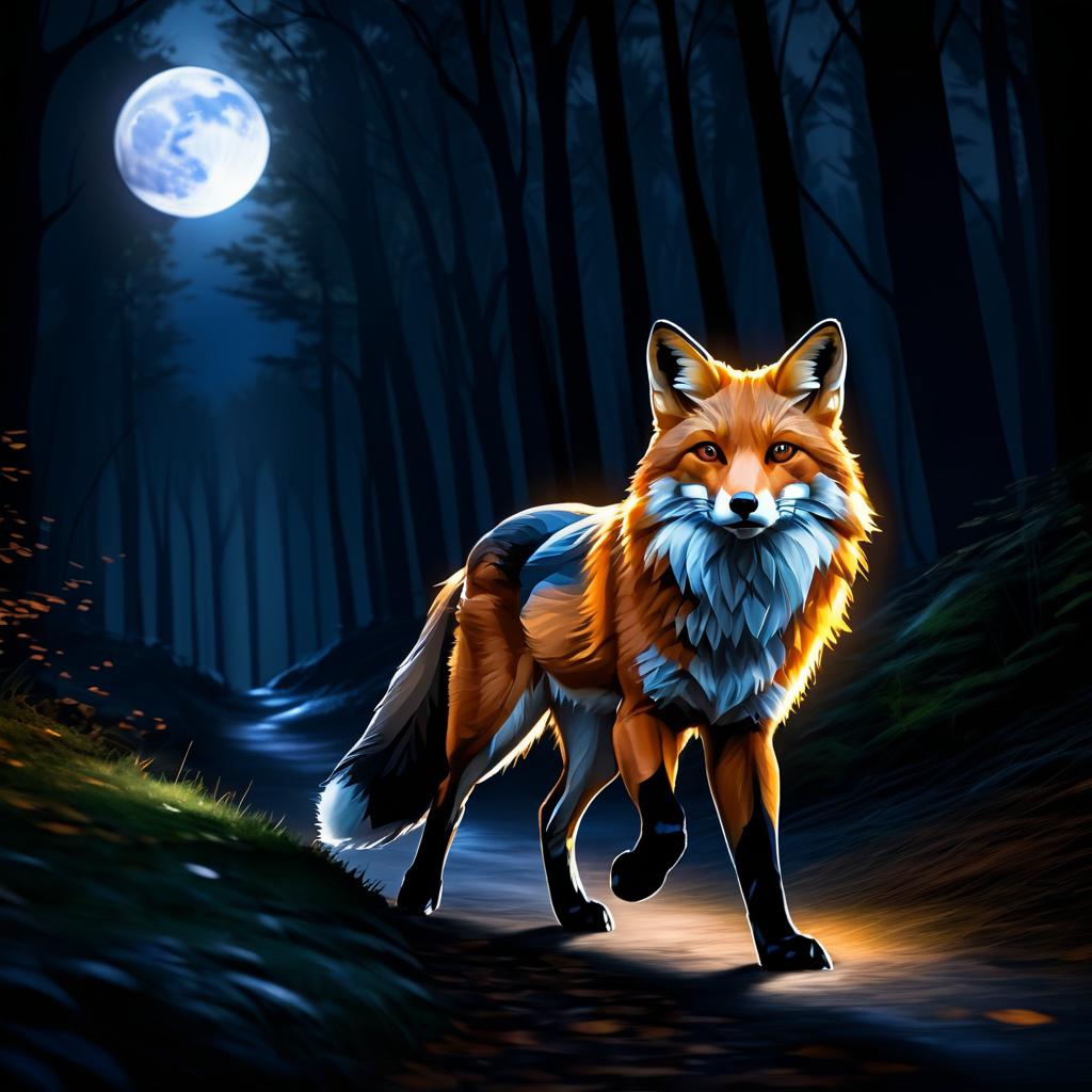 Sleek Fox on a Moonlit Forest Path