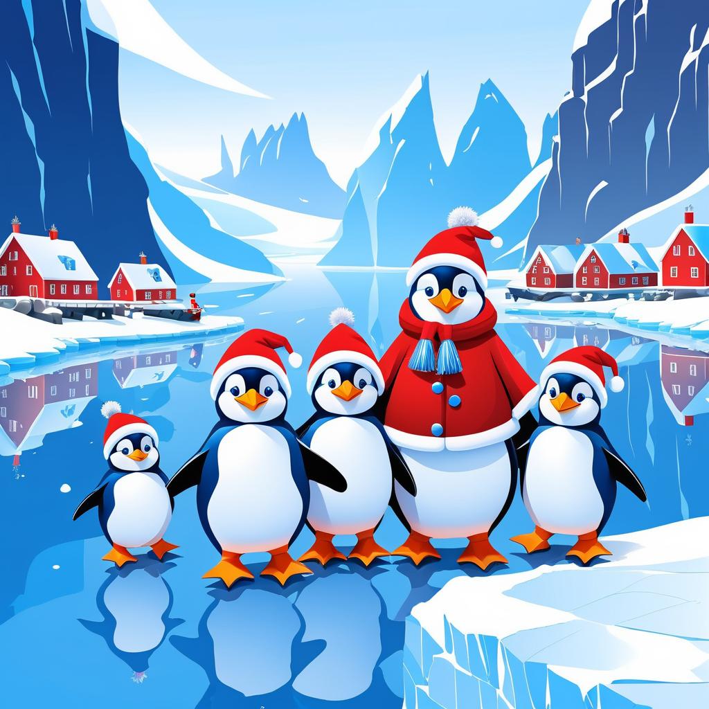 Festive Penguins on a Snowy Ice Floe